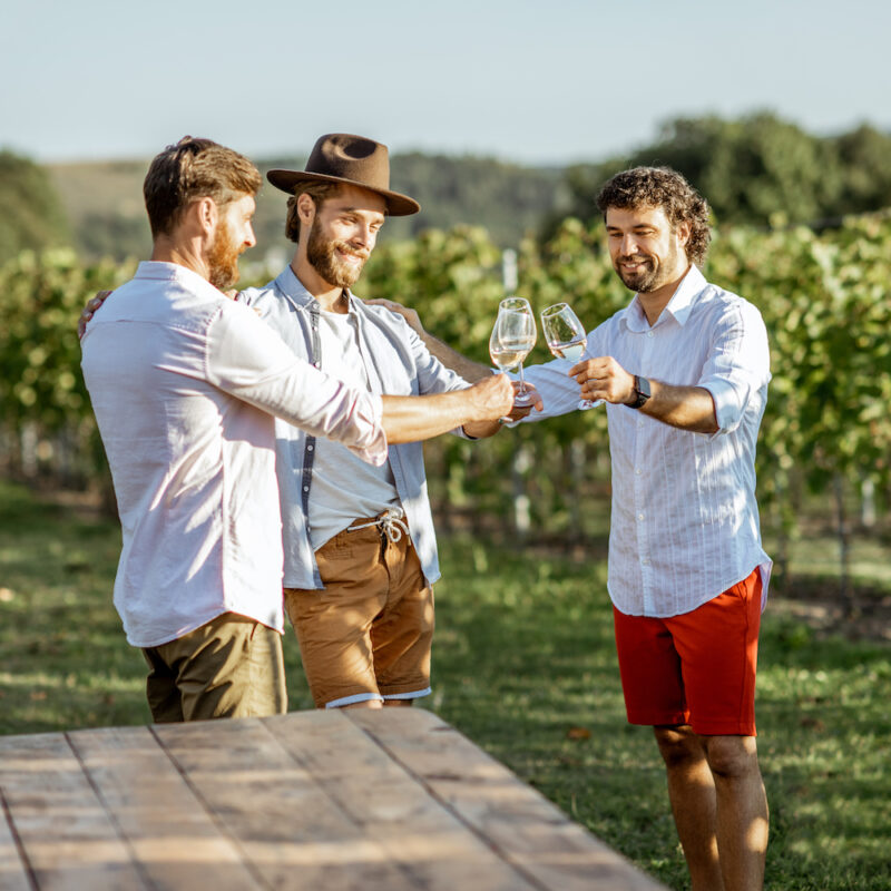 Guys tasting wine on the vineyard