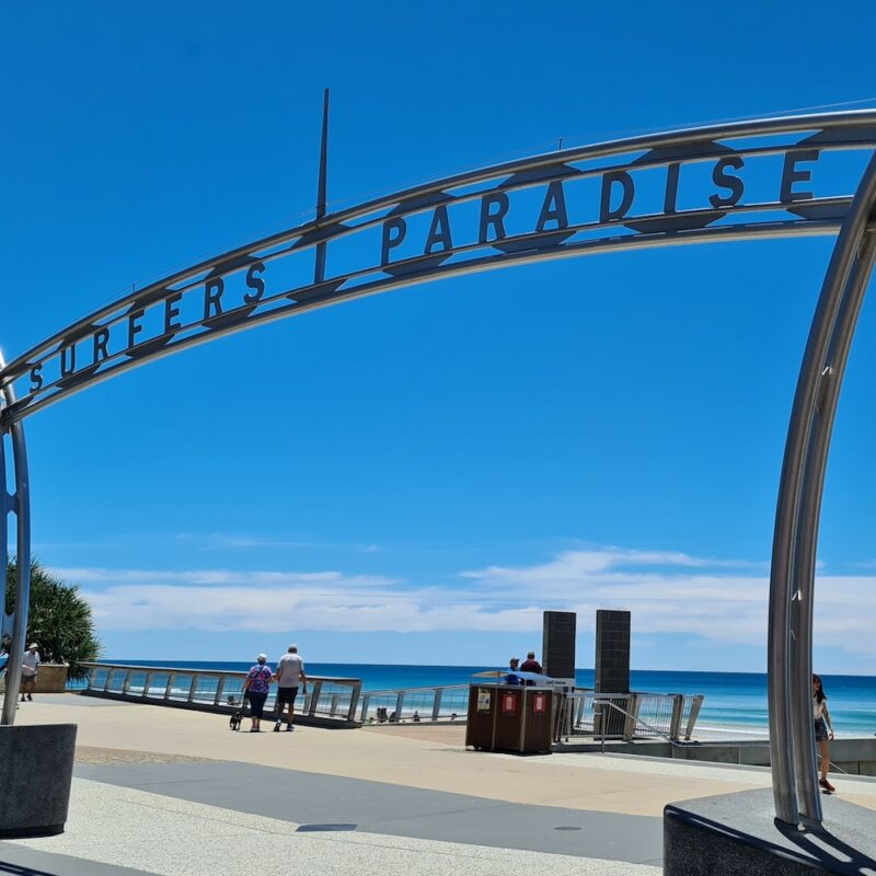 Real Aussie Adventures, Small Group Adventure Tours Australia. Surfers Paradise sign at the Beach, Australia