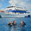 People in the water in front of oceanquest liveaboard Great Barrier Reef on our Great Barrier Reef day tours