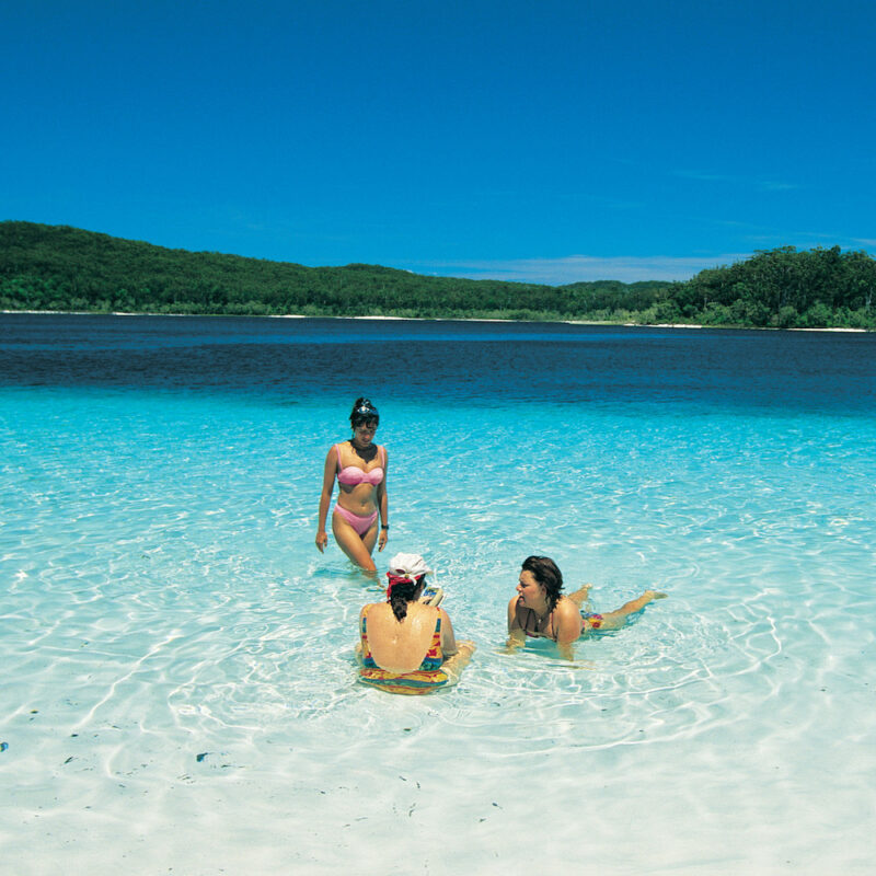 Real Aussie Adventures, Small Group Adventure Tours Australia. Cooling off in Lake Mckenzie on our Fraser Island tours.