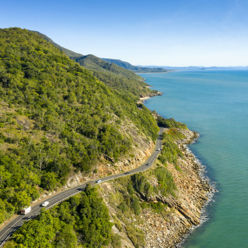Aerial view of GBR Drive - where the rainforest meets the reef Great Barrier Reef Drive