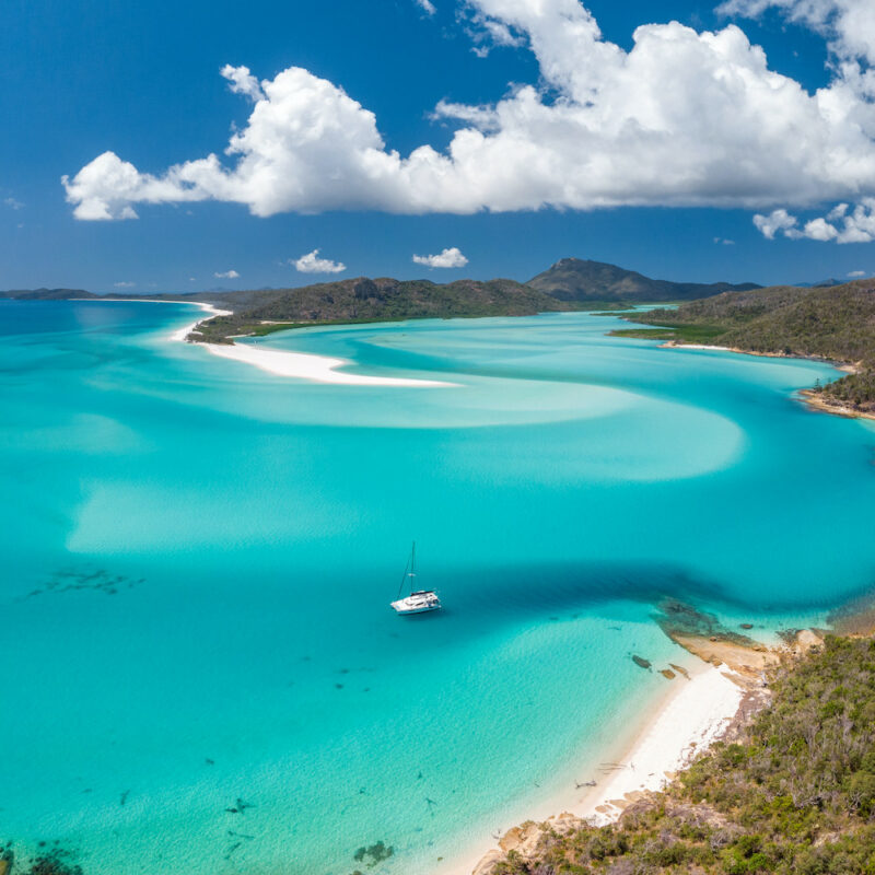 Aerial view looking towards Whitehaven Beach on our Whitsunday Island boat tour