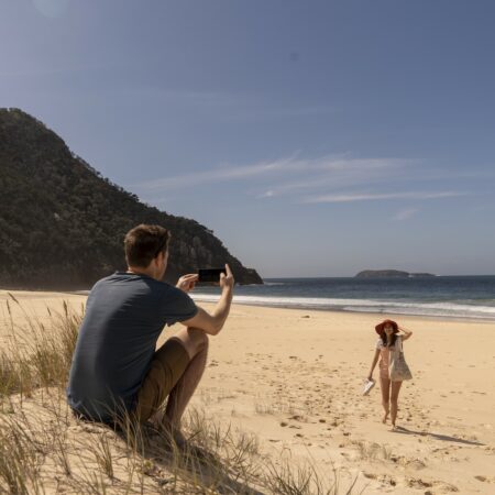 Taking pics on the beach - a selfie! PORT STEPHENS on the East Coast Tour Australia