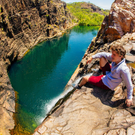 Real Aussie Adventures, Small Group Adventure Tours Australia. Sitting at Barramundi Gorge in Kakadu National Park on our Kakadu tours from Darwin