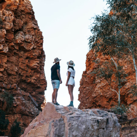 Real Aussie Adventures, Small Group Adventure Tours Australia. Couple at Simpsons Gap Western MacDonnell Ranges