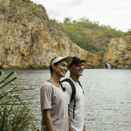 Real Aussie Adventures, Small Group Adventure Tours Australia. Couple hiking to Edith Falls on our 4 day Kakadu National Park Tour from Darwin