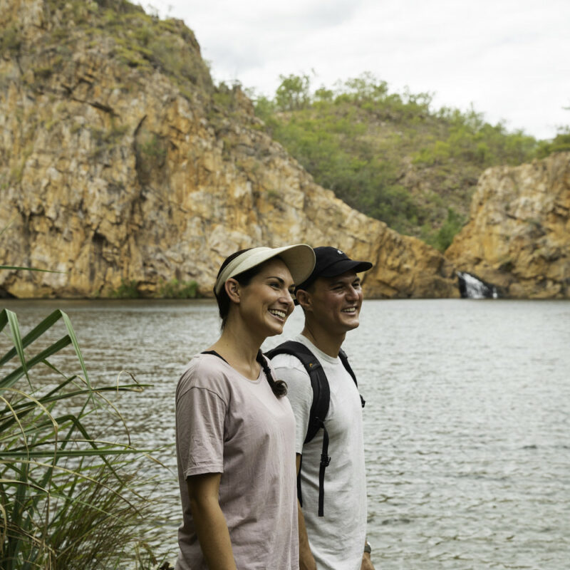Real Aussie Adventures, Small Group Adventure Tours Australia. Couple hiking to Edith Falls on our 4 day Kakadu National Park Tour from Darwin