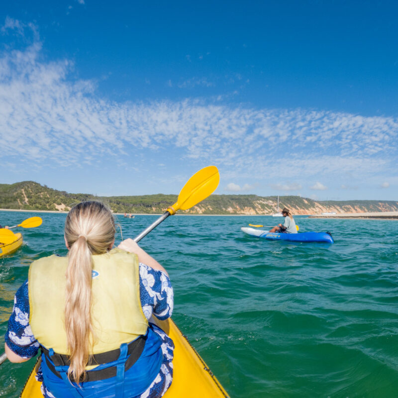 Real Aussie Adventures, Small Group Adventure Tours Australia. Dolphin View Kayak Tour from Noosa. Kayaking on the water looking for Dolphins.