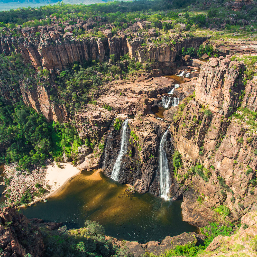 Real Aussie Adventures, Small Group Adventure Tours Australia. Twin Falls from above on our 4 day Kakadu National Park Tour from Darwin