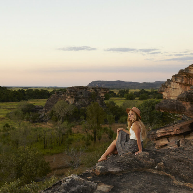 Real Aussie Adventures, Small Group Adventure Tours Australia. Girl out at Ubirr on our 4 day Kakadu National Park Tour from Darwin