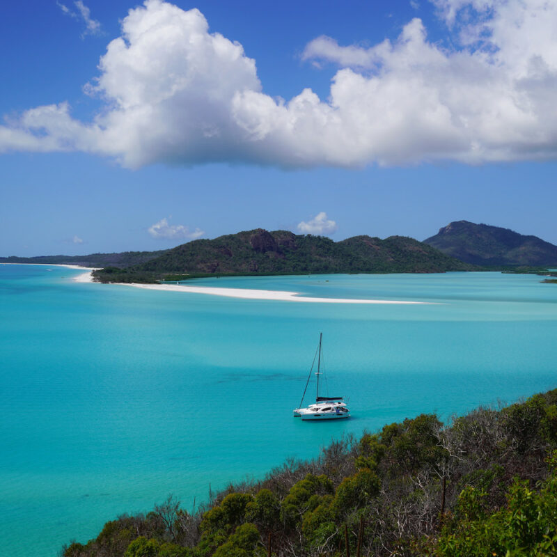 Views of Whitehaven beach from Hill Inlet lookout on Whitsunday sailing tour 3 day whitsunday cruises