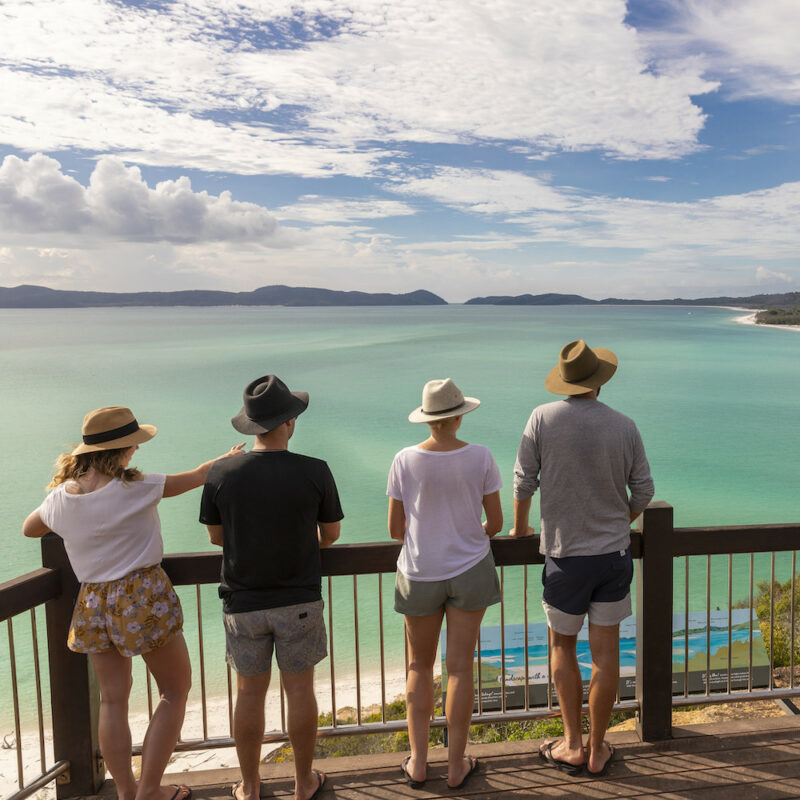 Real Aussie Adventures, Small Group Adventure Tours Australia. Group enjoying the view from the lookout Hill Inlet on our one day Snorkel and Sail Whitsundays Day Tour
