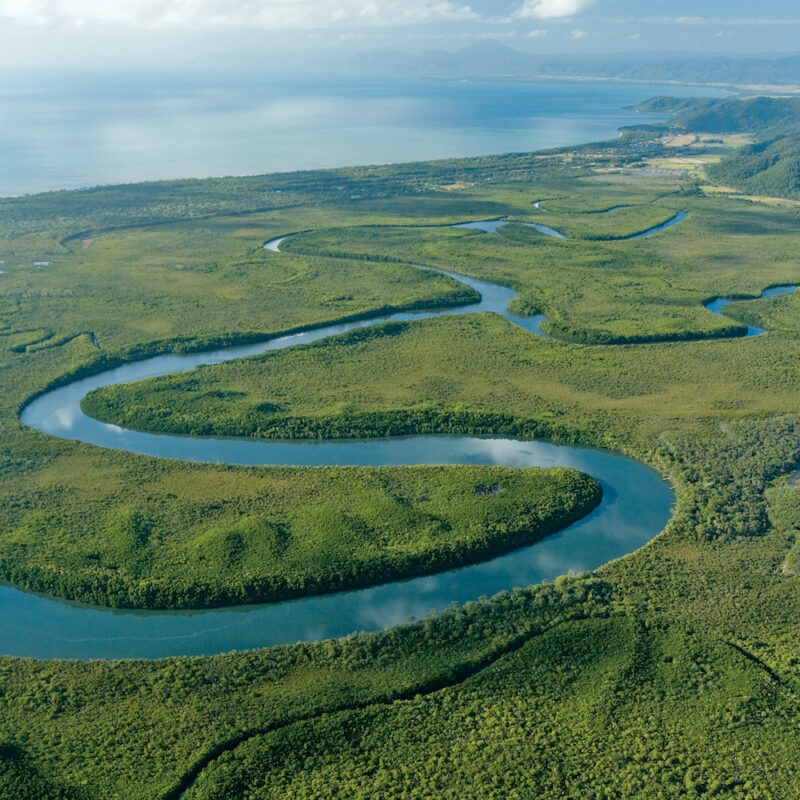 Real Aussie Adventures, Small Group Adventure Tours Australia. Daintree River from the air. Cape Tribulation Day Tour